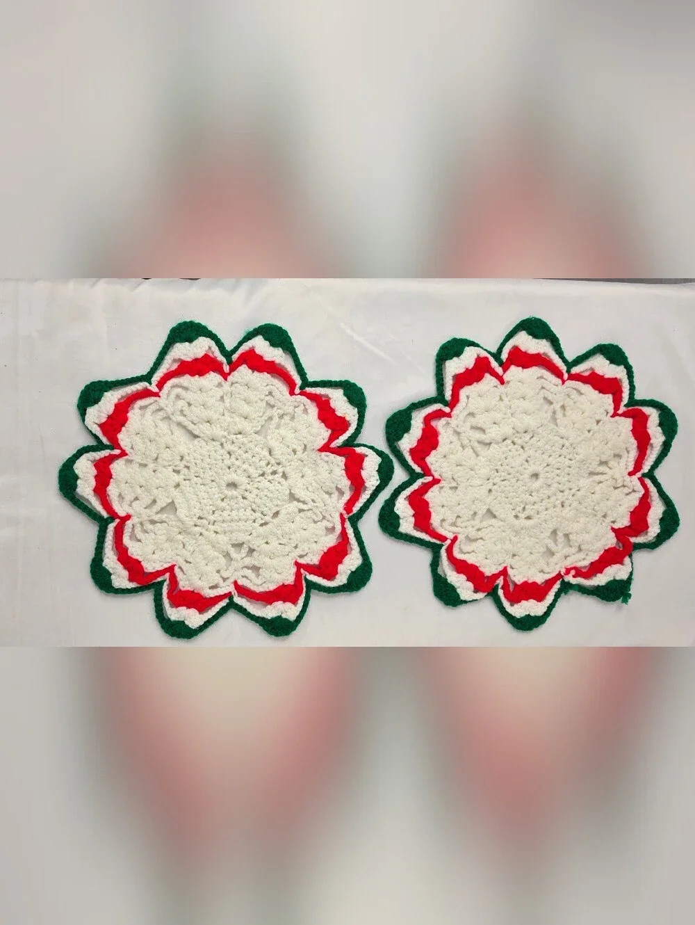 Vintage Handmade Crochet Christmas Doilies Table Placemat Red Green White